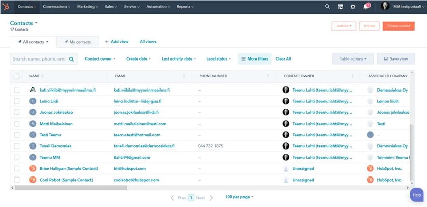 Kuvakaappaus HubSpotin kontaktinäkymästä. HubSpotissa sekä kontakteista, että yrityksistä löytyy omat koontinäkymät.